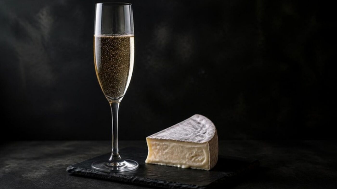 Flute of blanc de blancs Champagne beside a wedge of white-rind cheese in low light