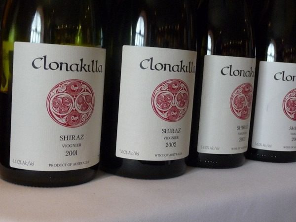 Bottles of Clonakilla Shiraz Viognier from the 2001, 2002 and 2003 vintages lined up side by side