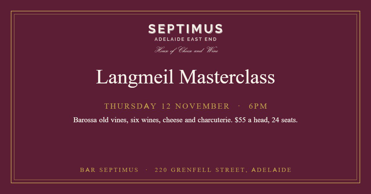 Langmeil masterclass at Bar Septimus, Thursday 12 November 2026, 6pm, $55 a head