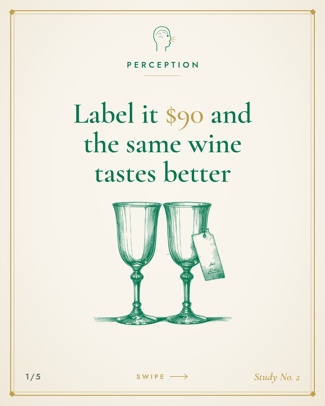 Plate reading: Label it $90 and the same wine tastes better, with an engraving of two identical wine glasses, one carrying a price tag.