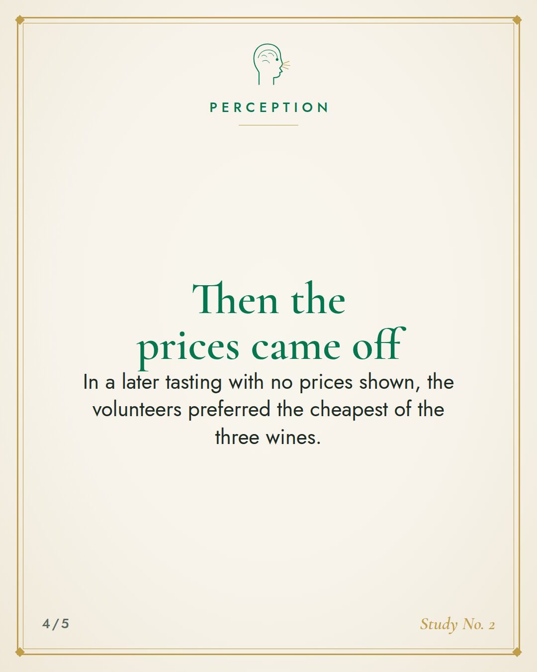 Then the prices came off. In a later tasting with no prices shown, the volunteers preferred the cheapest of the three wines.