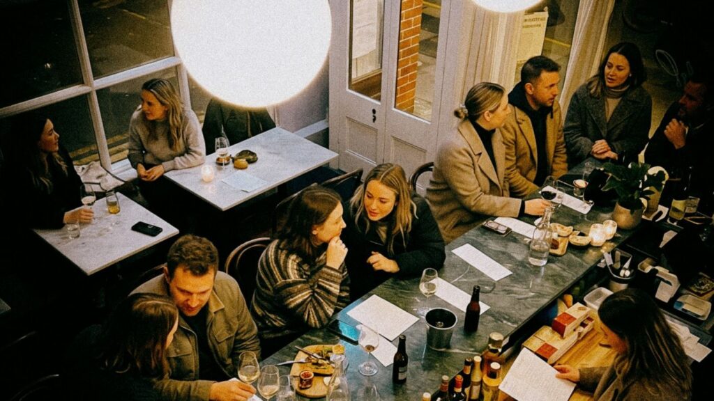 A full room on a Friday night at Bar Septimus, seen from the mezzanine: guests at the marble bar and window tables under globe lights