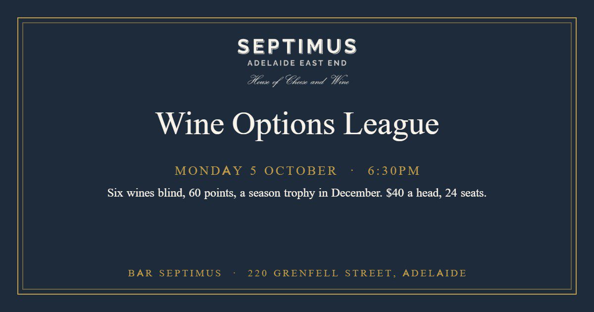 Wine Options League blind tasting at Bar Septimus, Monday 5 October 2026, 6:30pm, $40 a head