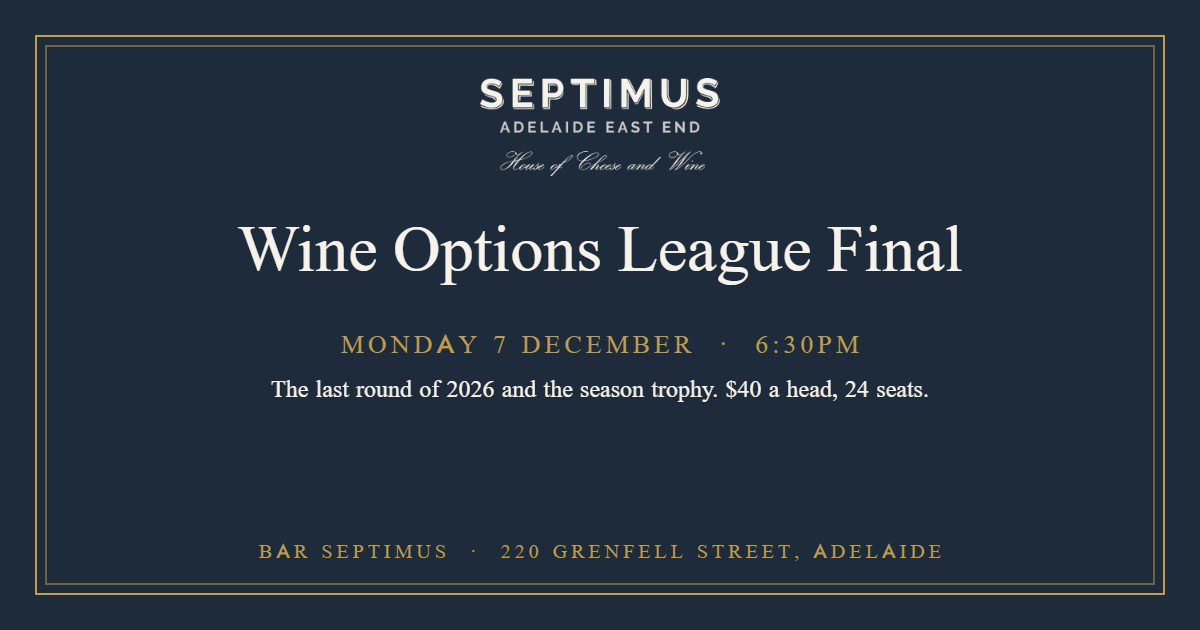 Wine Options League season final at Bar Septimus, Monday 7 December 2026, 6:30pm, $40 a head